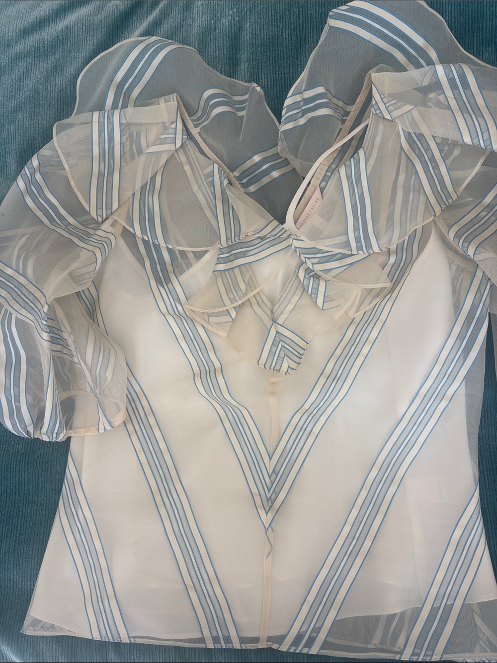 Rebecca Taylor beautiful sheer Blouse with Light Blue Stripes and Ruffle V-Neck